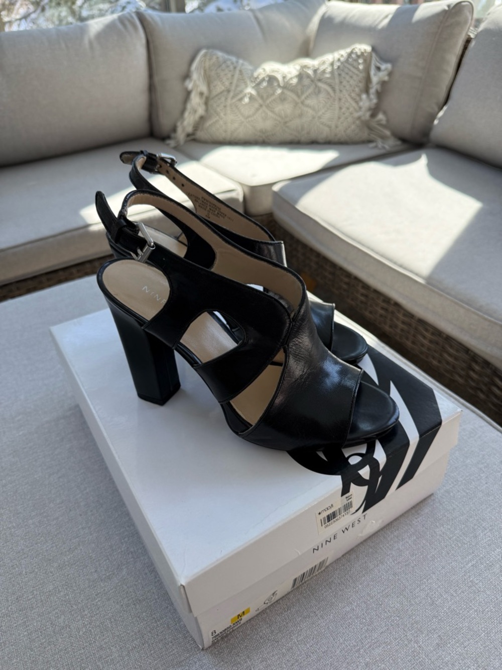Nine West Black Leather Slingback Block Heel Sandals